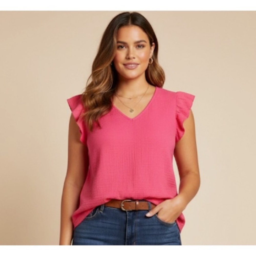 Three Dots /  Pink V-Neck cotton guaze top